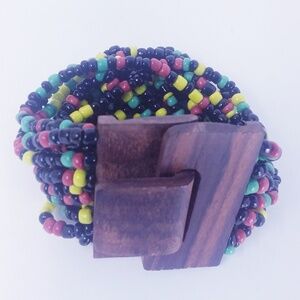 Multi-Strand, Elastic Bracelet Wooden Clasp and Beads